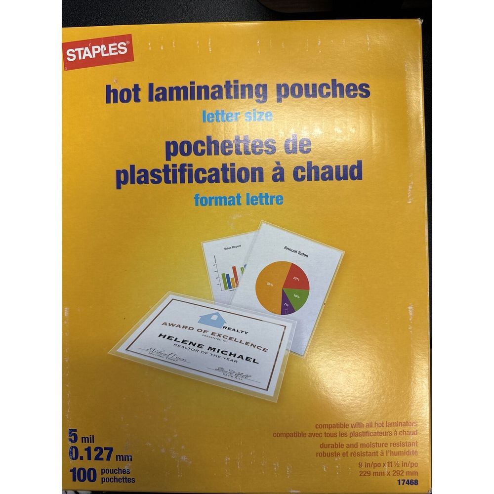 Staples Hot Laminating Pouches 9 x 11 1/2 Letter Size Staples 100 Pack 17468 New